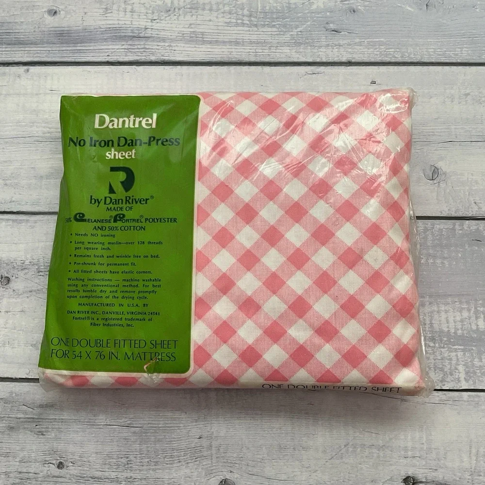 Dantrel Dan River Double Sheet Set Flat Fitted‎ Pillowcases Pink White Check VTG